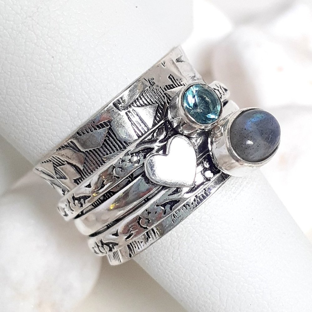925 Sterling Moonstone & Sapphire Spinner Ring - Picture 4 of 11